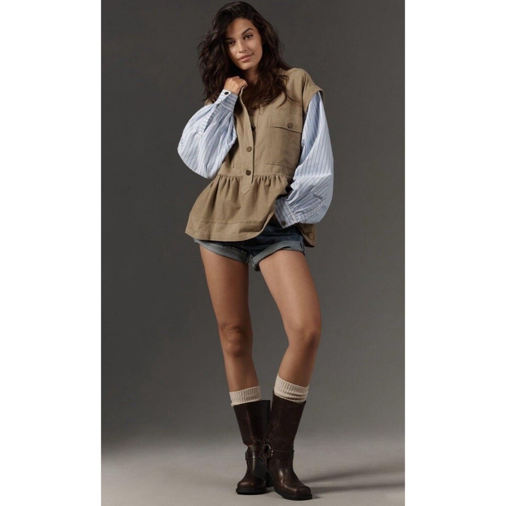 Anthropologie Tan and Blue Tunic Top